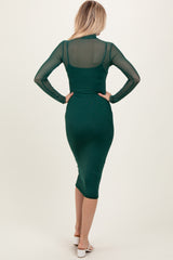 Forest Green Mesh Overlay Fitted Midi Dress