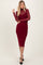 woman wearing a burgundy long sleeve bodycon dress with sheer mesh overlay and a fitted silhouette