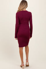 Burgundy Ribbed Long Sleeve Half Button Up Maternity Fitted Dress