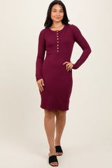 Burgundy Ribbed Long Sleeve Half Button Up Fitted Dress