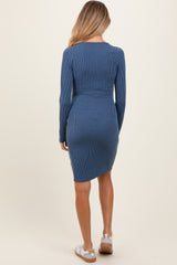 Navy Ribbed Long Sleeve Half Button Up Maternity Fitted Dress