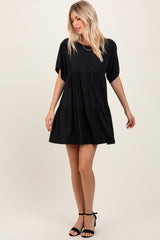 Black Glitter Flutter Sleeve Tiered Maternity Dress