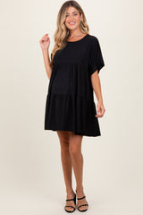 Black Glitter Flutter Sleeve Tiered Maternity Dress