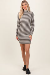 Olive Striped Mock Neck Long Sleeve Maternity Fitted Dress