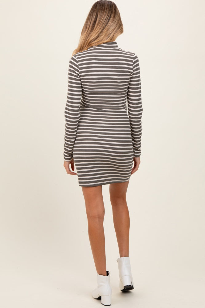 Olive Striped Mock Neck Long Sleeve Maternity Fitted Dress