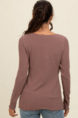 Brown Ribbed Knit Long Sleeve Lettuce Hem Top