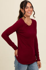 Burgundy Ribbed Knit Long Sleeve Lettuce Hem Top