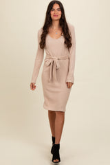 Cream Ribbed Knit Long Sleeve Tie Waist Dress