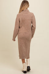 Light Mocha Turtleneck Side Slit Knit Maternity Midi Sweater Dress