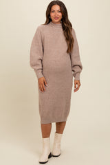 Beige Mock Neck Bubble Sleeve Maternity Midi Sweater Dress