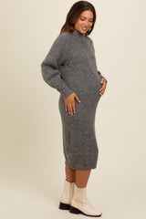 Charcoal Mock Neck Bubble Sleeve Maternity Midi Sweater Dress