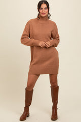 Camel Turtle Neck Maternity Mini Sweater Dress