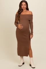 Brown Off Shoulder Ribbed Knit Side Slit Maternity Midi Dress