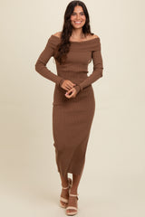 Brown Off Shoulder Ribbed Knit Side Slit Midi Dress