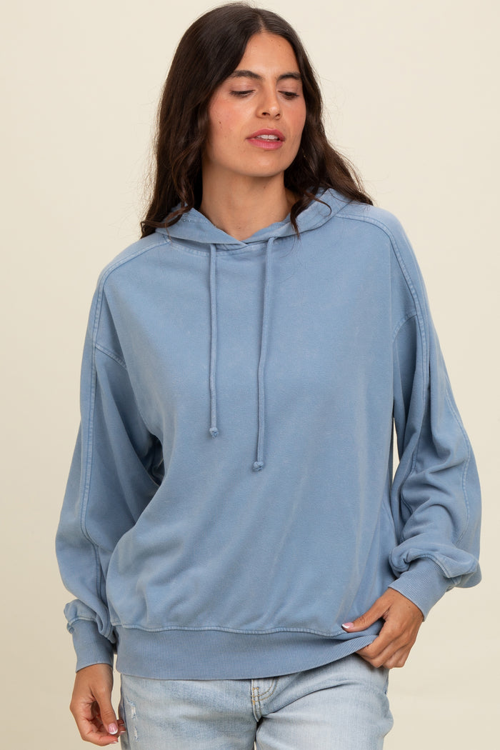 Blue Vintage Wash Oversized Drawstring Hoodie