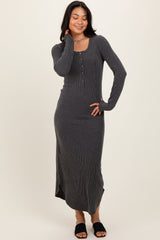 Charcoal Button Up Ribbed Knit Long Sleeve Maternity Midi Dress