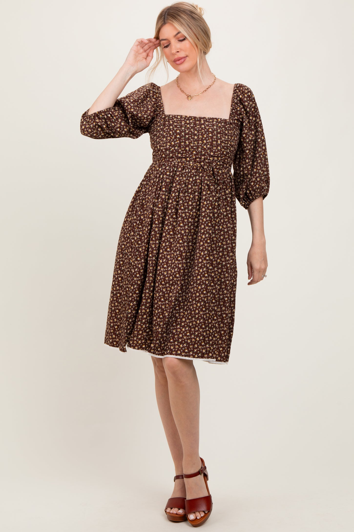Mocha Floral Pleated Bodice Lace Trim Midi Dress