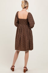 Mocha Floral Pleated Bodice Lace Trim Midi Dress