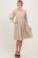 Cream Floral Pleated Bodice Lace Trim Maternity Midi Dress