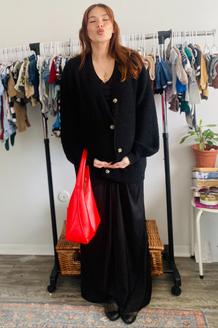 Black Knit Oversized Button Down V-Neck Maternity Cardigan