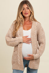 Beige Two Toned Oversized Cable Knit Maternity Cardigan