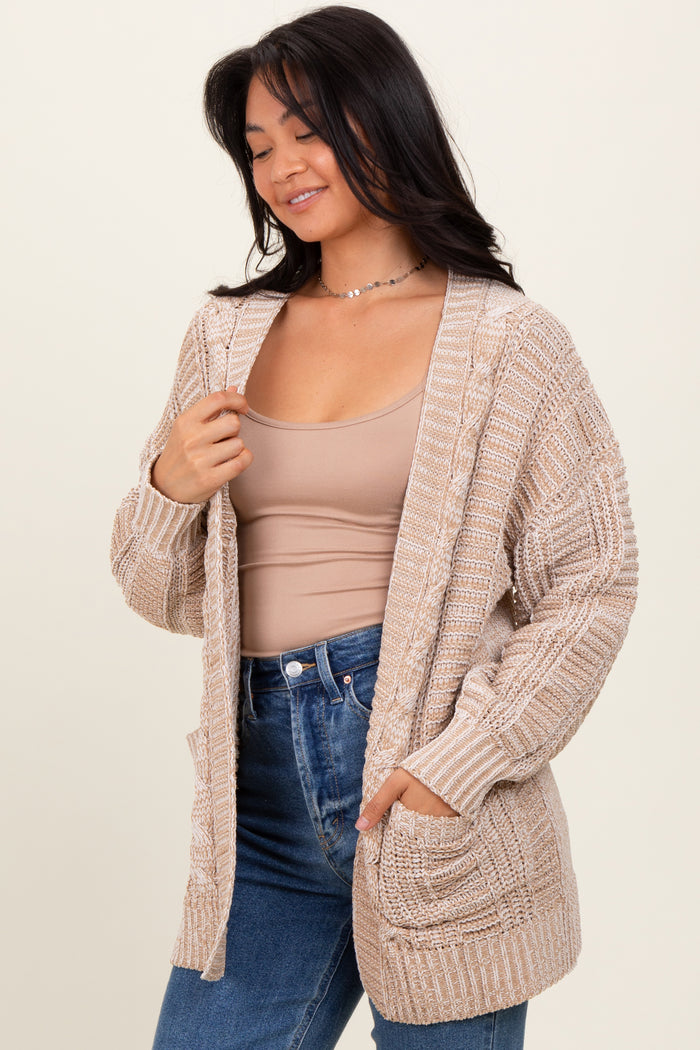 Beige Two Toned Oversized Cable Knit Maternity Cardigan