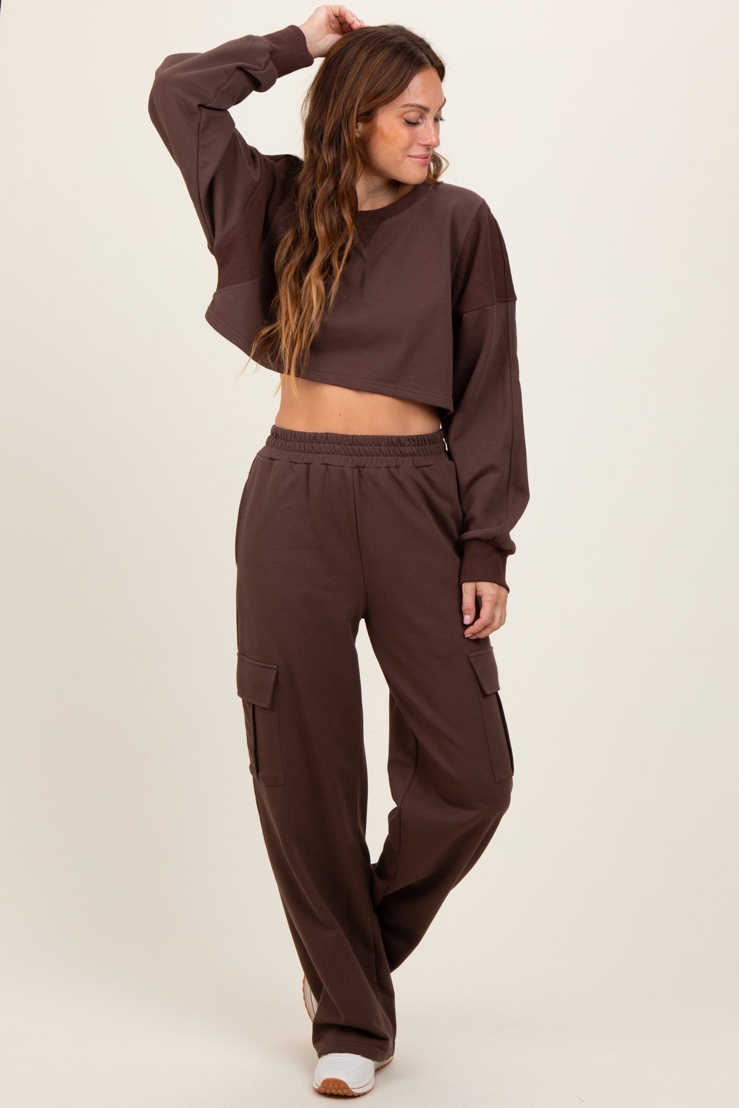 Brown Oversized Crop Sweatshirt Cargo Sweatpant Maternity Set