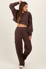 Brown Oversized Crop Sweatshirt Cargo Sweatpant Set