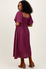 Plum Front Tie Ruffle Sleeve Midi Dress