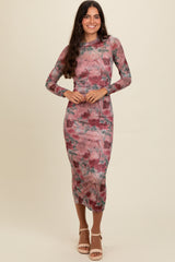 Mauve Floral Printed Mesh Overlay Maternity Maxi Dress