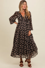 Black Floral Chiffon Twist Wrap Maternity Maxi