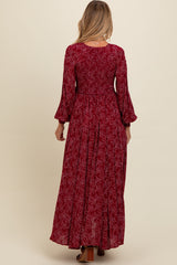 Burgundy Floral Smocked Button Detail Maternity Maxi Dress