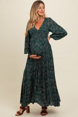 Forest Green Floral Smocked Button Detail Maternity Maxi Dress