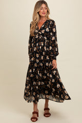 Black Floral Chiffon Twist Front Wrap Maternity Maxi Dress