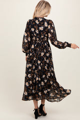 Black Floral Chiffon Twist Front Wrap Maxi Dress