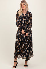 Black Floral Chiffon Twist Front Wrap Maternity Maxi Dress