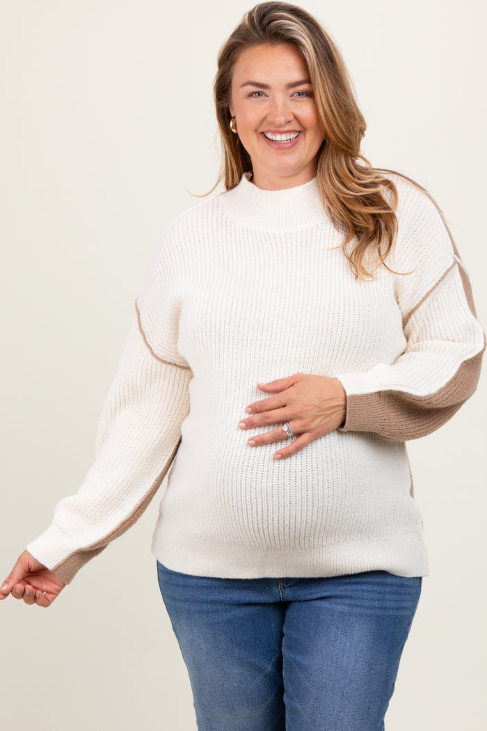 Ivory Mock Neck Colorblock Maternity Plus Sweater