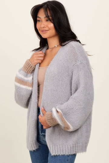 Light Grey Brushed Knit Striped Sleeve Cardigan