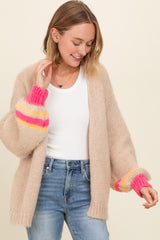 Beige Brushed Knit Striped Sleeve Cardigan