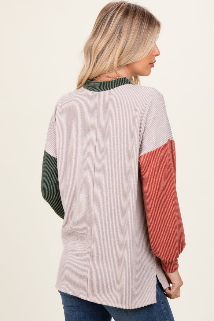 Cream Ribbed Colorblock Side Slit Top