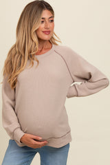 Light Taupe Crewneck Waffle Knit Maternity Pullover Top