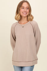 Light Taupe Crewneck Waffle Knit Pullover Top