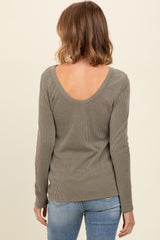 Olive Ribbed Scoop Neck Long Sleeve Top