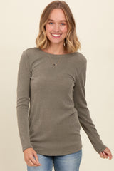 Olive Ribbed Scoop Neck Long Sleeve Top