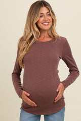 Brown Ribbed Scoop Neck Long Sleeve Maternity Top