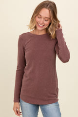 Brown Ribbed Scoop Neck Long Sleeve Maternity Top