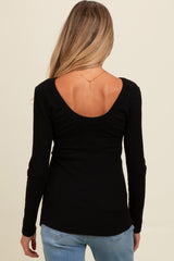 Black Ribbed Scoop Neck Long Sleeve Maternity Top