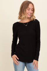 Black Ribbed Scoop Neck Long Sleeve Maternity Top