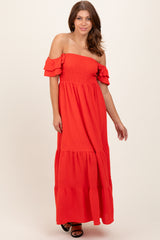 Red Smocked Ruffle Off Shoulder Tiered Maternity Maxi Dress