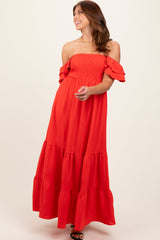 Red Smocked Ruffle Off Shoulder Tiered Maxi Dress